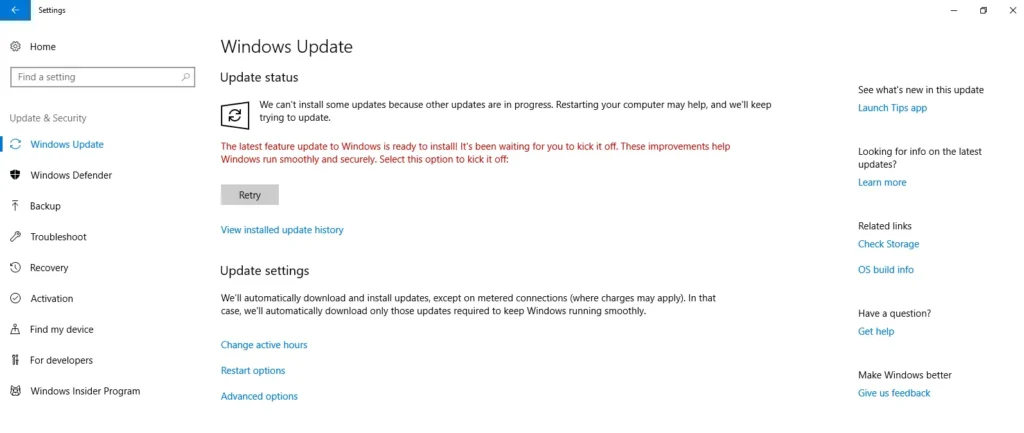 Windows Update settings showing the Check for updates button.